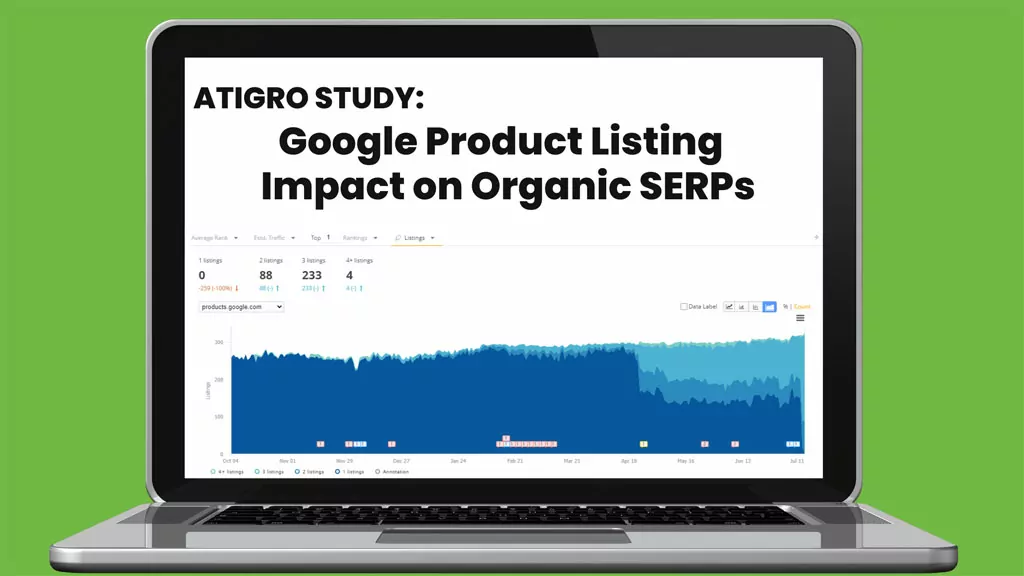 A laptop open to an Atigro Study about Google product listing impact on organic SERPs
