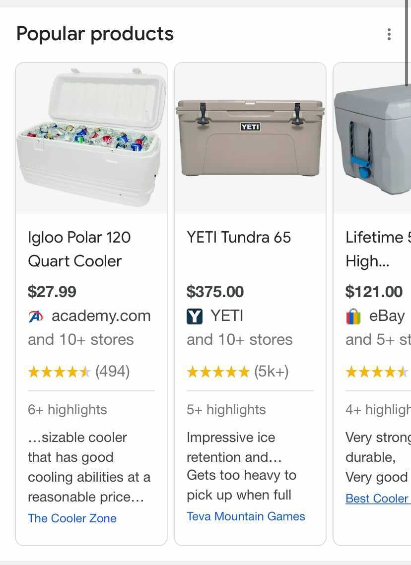 Popular product carousel seen on the Google search result page for the term “coolers”