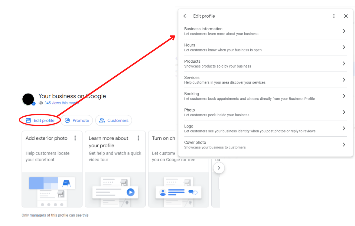 the panel to edit your google business profile through google search