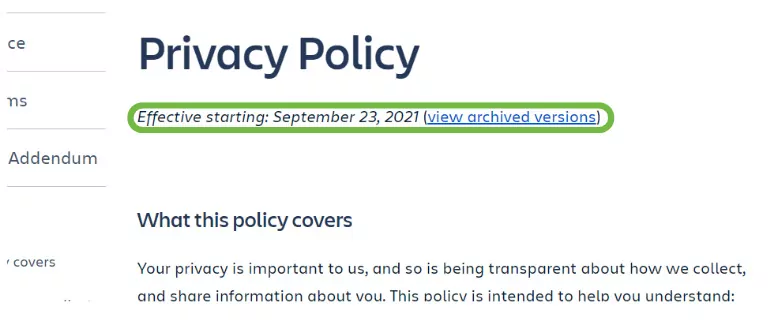 a screenshot of a website's privacy policy clearly stating the effective starting date, and linking to archived versions