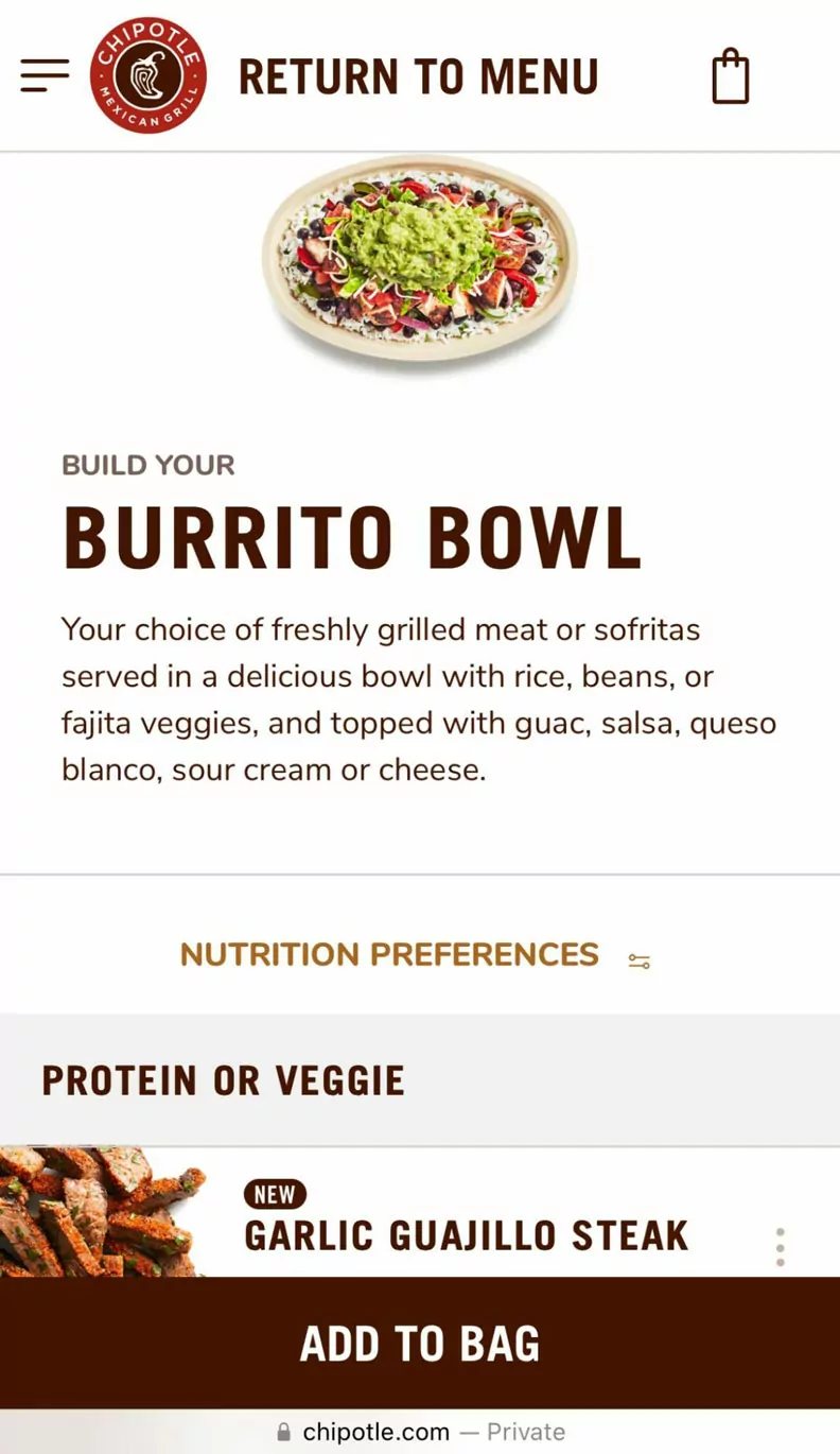 Chipotle Chipotle menu item selection screen makes it easy to customize your order quickly