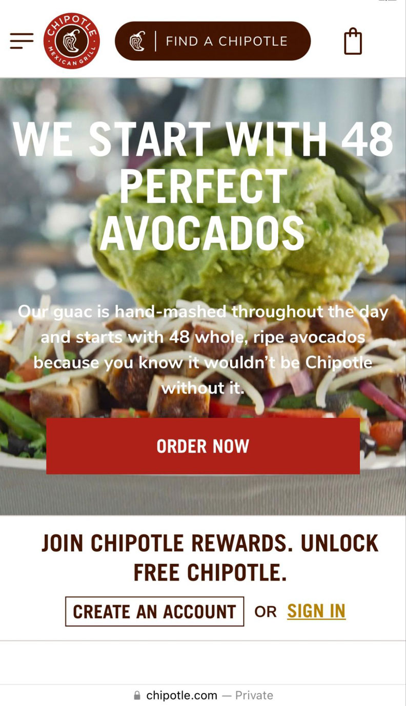 Chipotle mobile home screen makes it easy to get started ordering