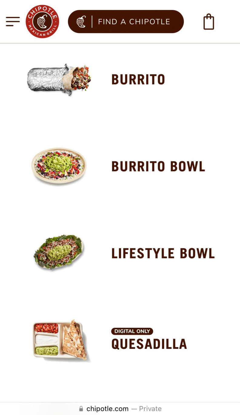 Chipotle mobile menu screen makes it easy to see menu items at a glance