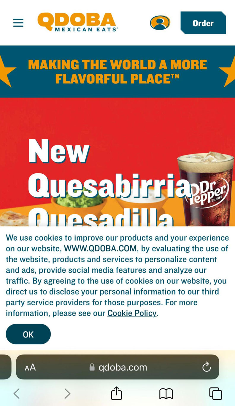 Qdoba mobile home screen obscures half of the page with an interstitial