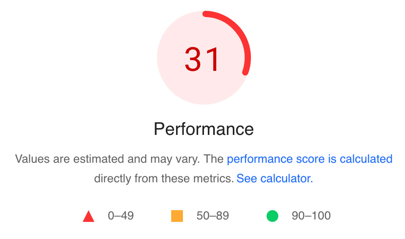 Example of a poor page performance score of 31/100 from page speed insights