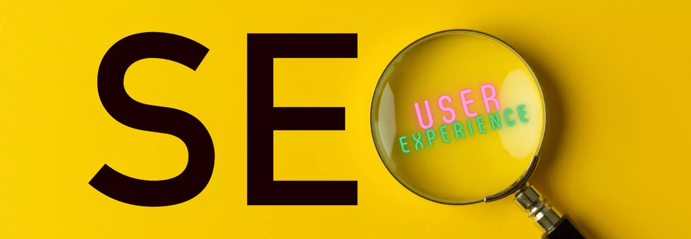 The letters SEO are graphically displayed with the circle of a magnifying glass representing the letter O and the words user experience appearing inside the magnifying glass