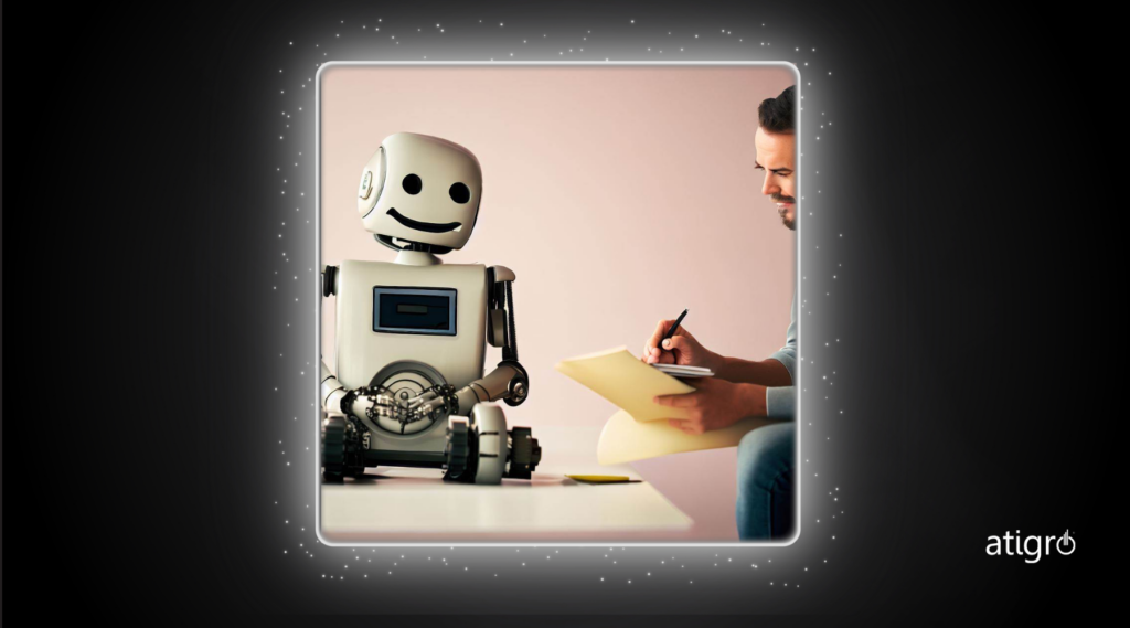 smiling robot writer sitting next to a human writer