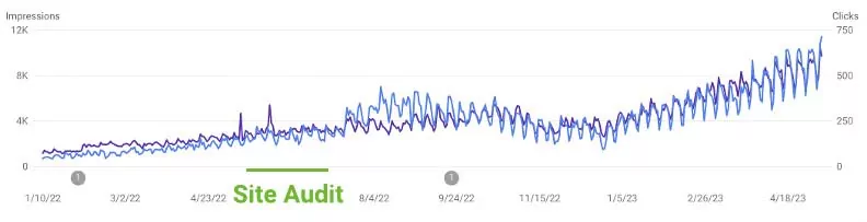 Graph showing growth in organic traffic after seo site audit