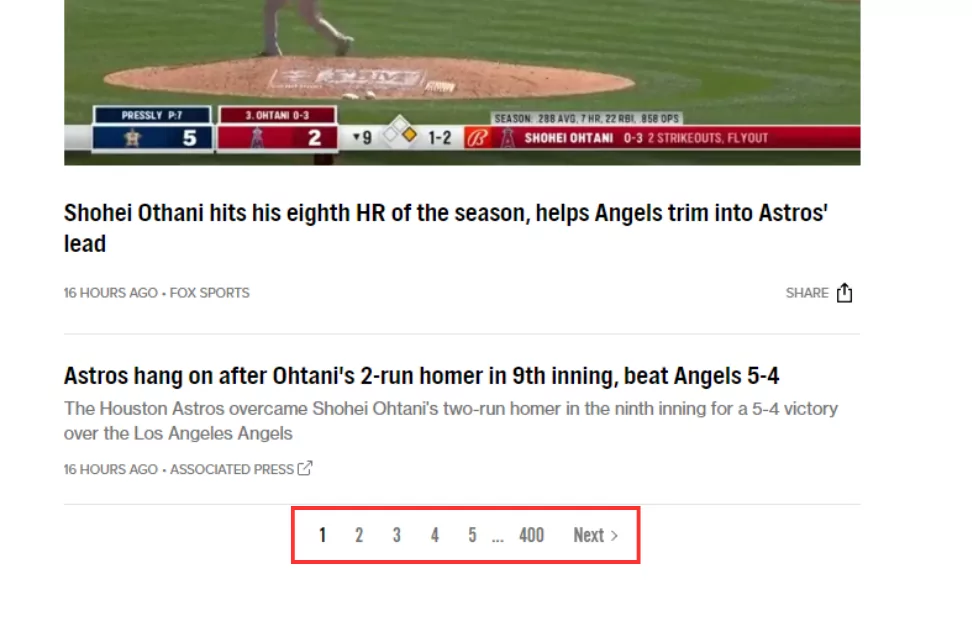 a website featuring pagination for sports news articles