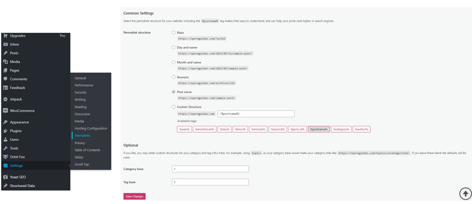 navigating to permalink settings in the wordpress admin panel and permalink structure options