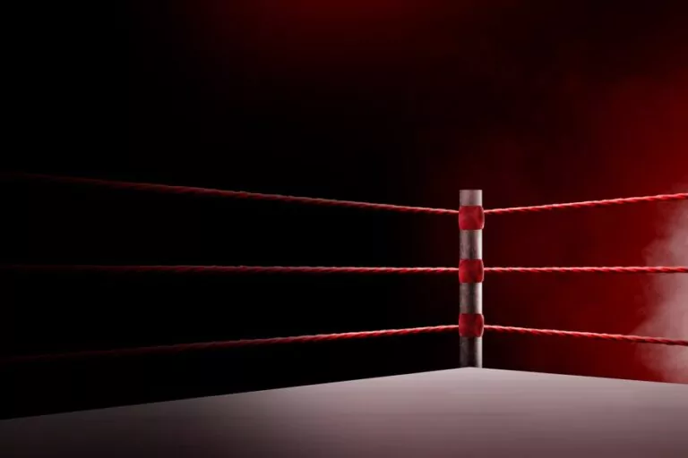 The corner of a boxing ring with red ropes and a red background.